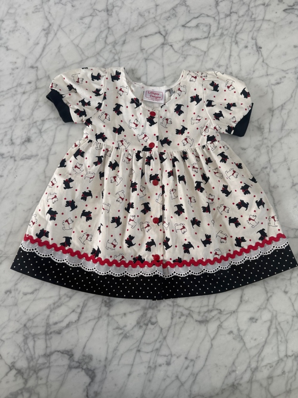 Vintage Scottie Dog Dress Print Lollipop Designs White Sz 6 Months